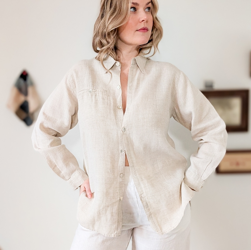 Vintage Linen Button Down 90s Minimalist Long Sleeve Blouse
